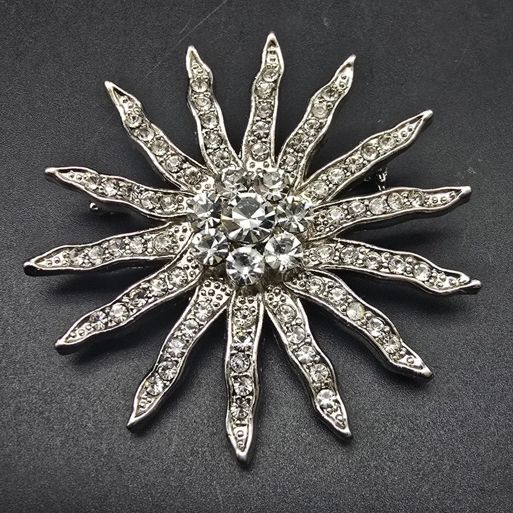 Rhinestone Sunburst Brooch Silver Tone Celestial Vintage Costume Jewelry
